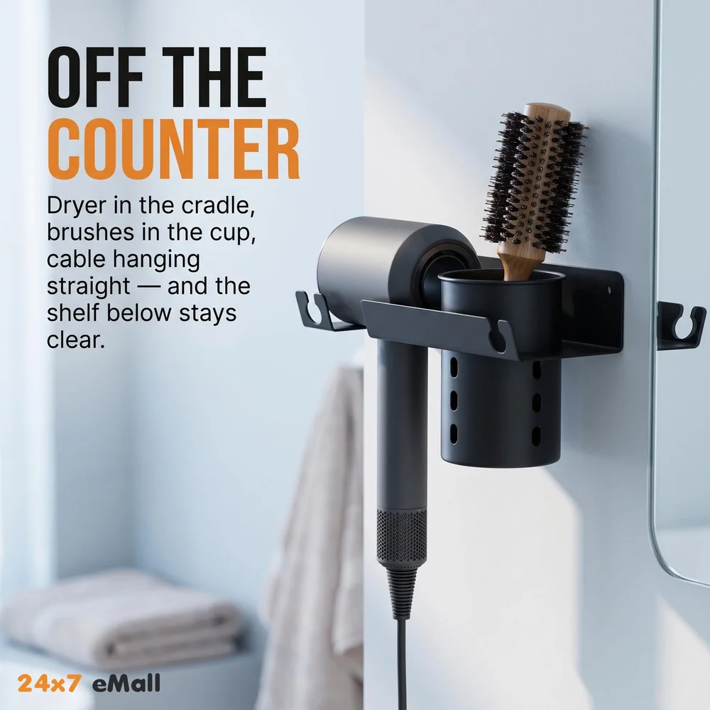 Hair Dryer Stand Rack Bracket, Wall Mounted Tool Organizer for All Hair Dryer, Ideal for Bathroom, Salon, and Dressing Room, Carbon Steel- 9 inch x 4.4 inch
