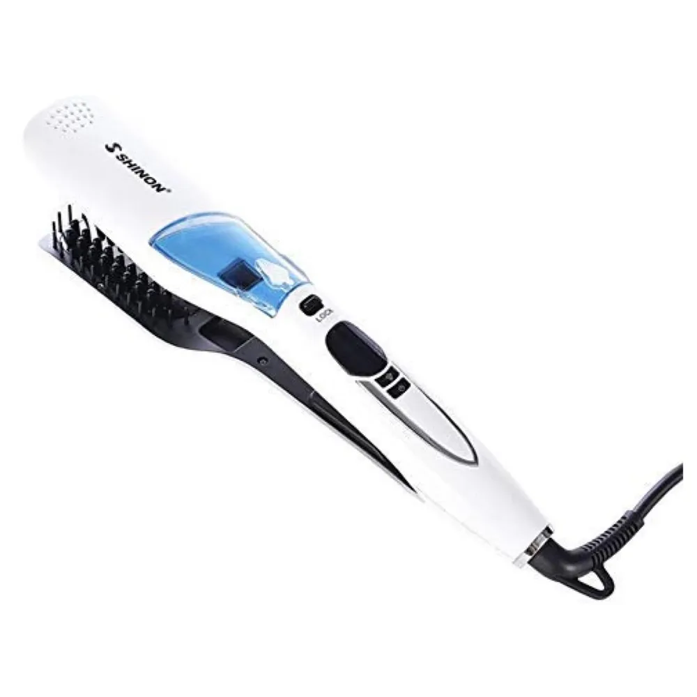 Professional Hair Salon Styling Hair Straightener Brush Heated Hair Brush Straightener Steam Vapor With LCD Screen (White)