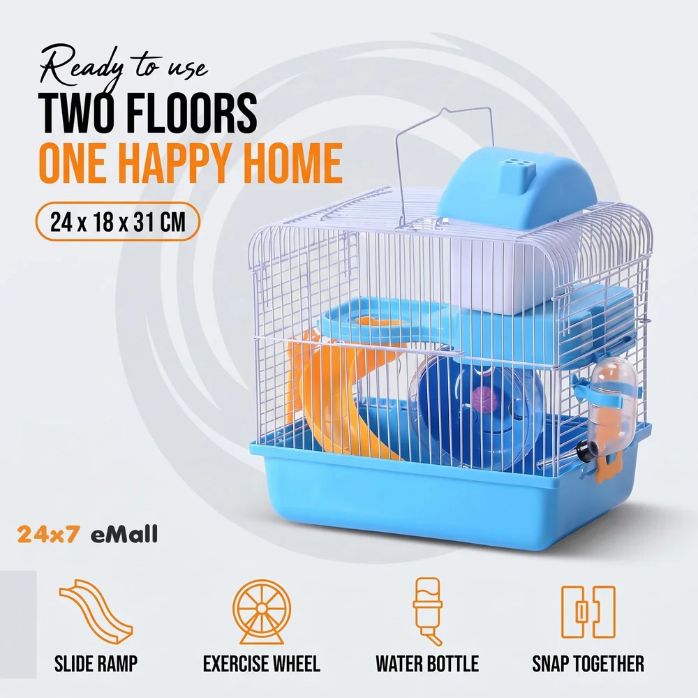 Hamster Habitat,Pet House Portable Small Pets 2 Floors, Mice with a Food Cup, Water Bottle and Exercise Wheel (Blue)