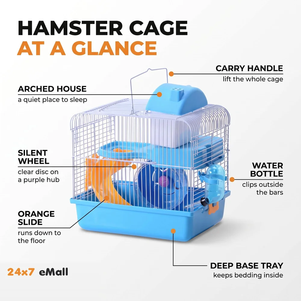 Hamster Habitat,Pet House Portable Small Pets 2 Floors, Mice with a Food Cup, Water Bottle and Exercise Wheel (Blue)