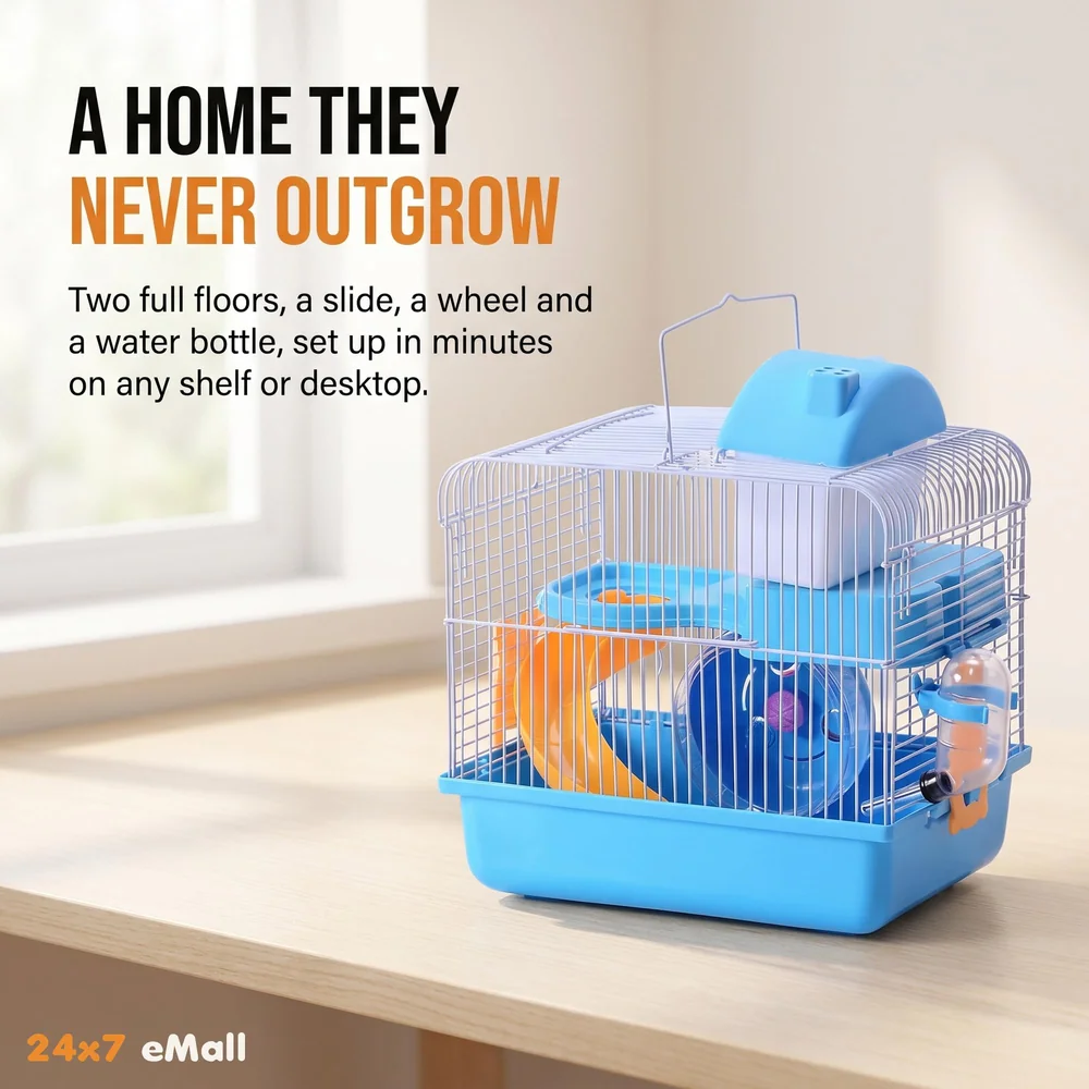 Hamster Habitat,Pet House Portable Small Pets 2 Floors, Mice with a Food Cup, Water Bottle and Exercise Wheel (Blue)