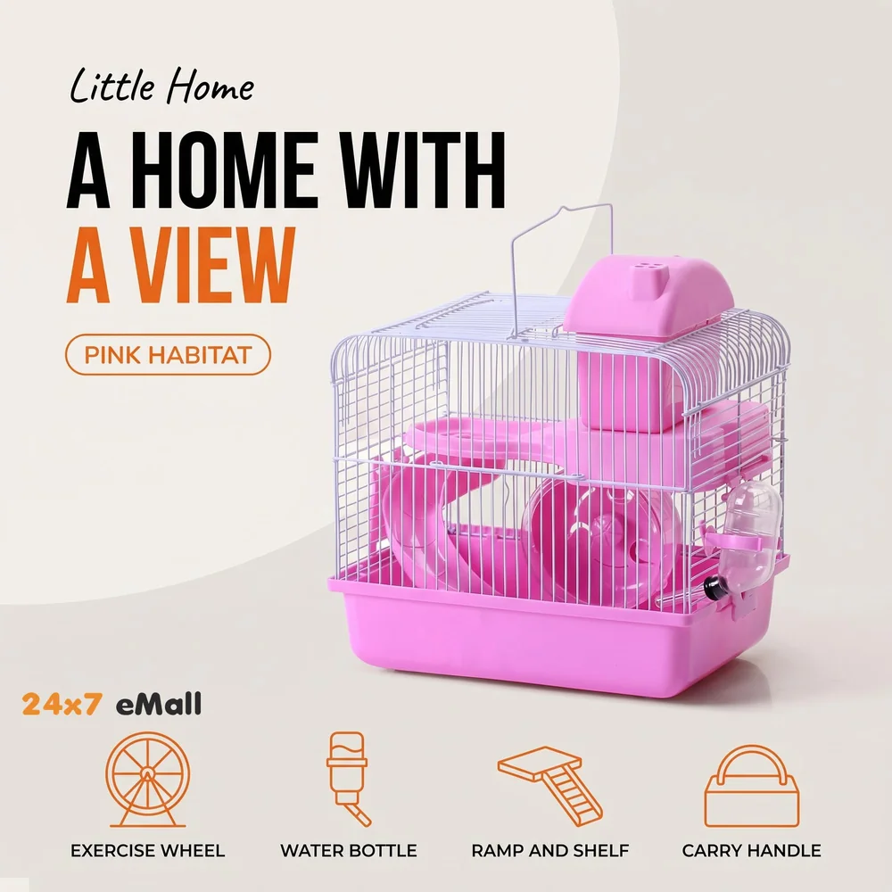 Hamster Habitat Pet House Portable Small Pets 2 Floors, Mice with a Food Cup, Water Bottle and Exercise Wheel Pink Colour