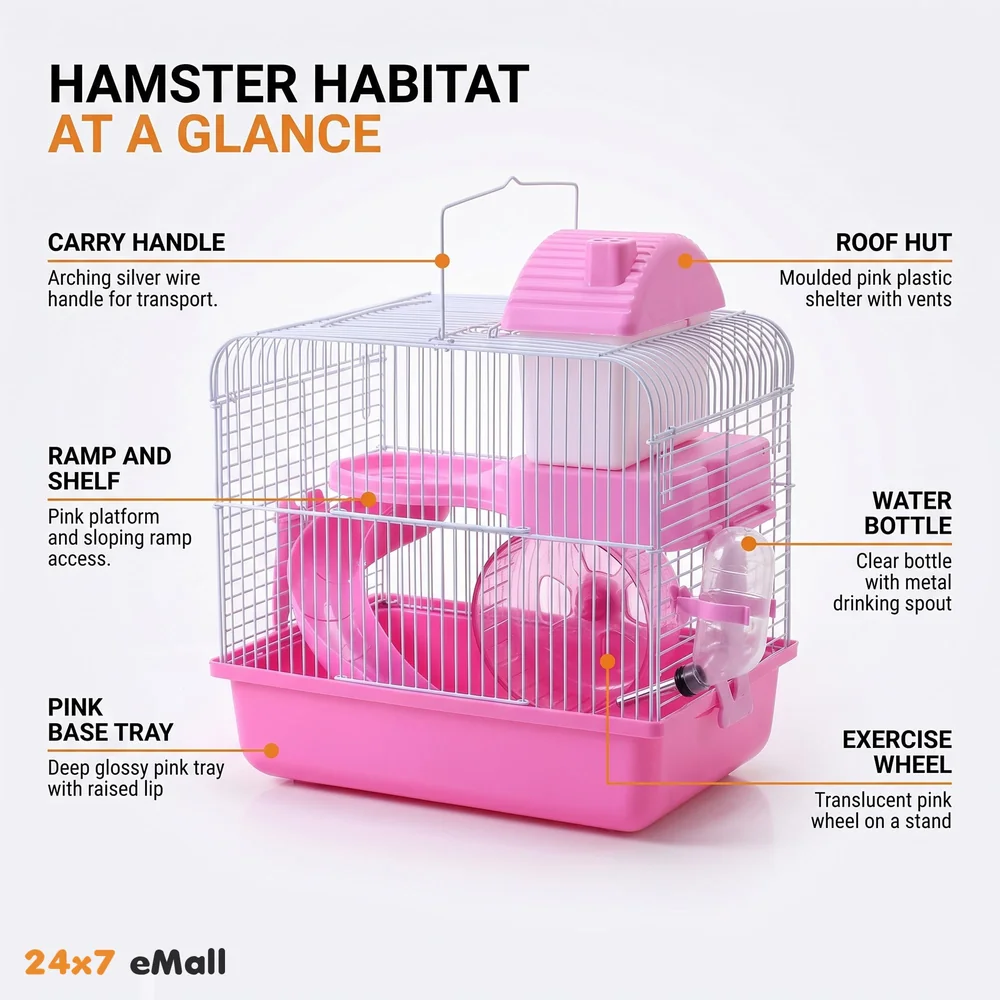 Hamster Habitat Pet House Portable Small Pets 2 Floors, Mice with a Food Cup, Water Bottle and Exercise Wheel Pink Colour