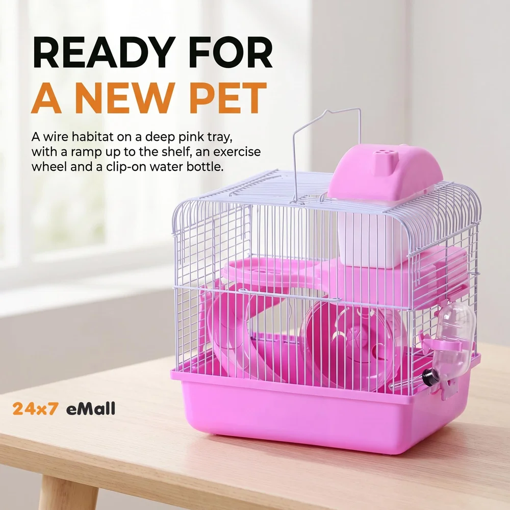Hamster Habitat Pet House Portable Small Pets 2 Floors, Mice with a Food Cup, Water Bottle and Exercise Wheel Pink Colour