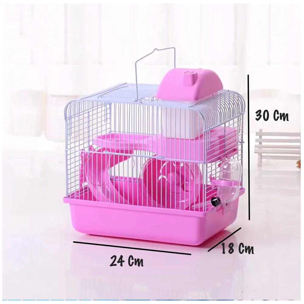 Hamster Habitat Pet House Portable Small Pets 2 Floors, Mice with a Food Cup, Water Bottle and Exercise Wheel Pink Colour