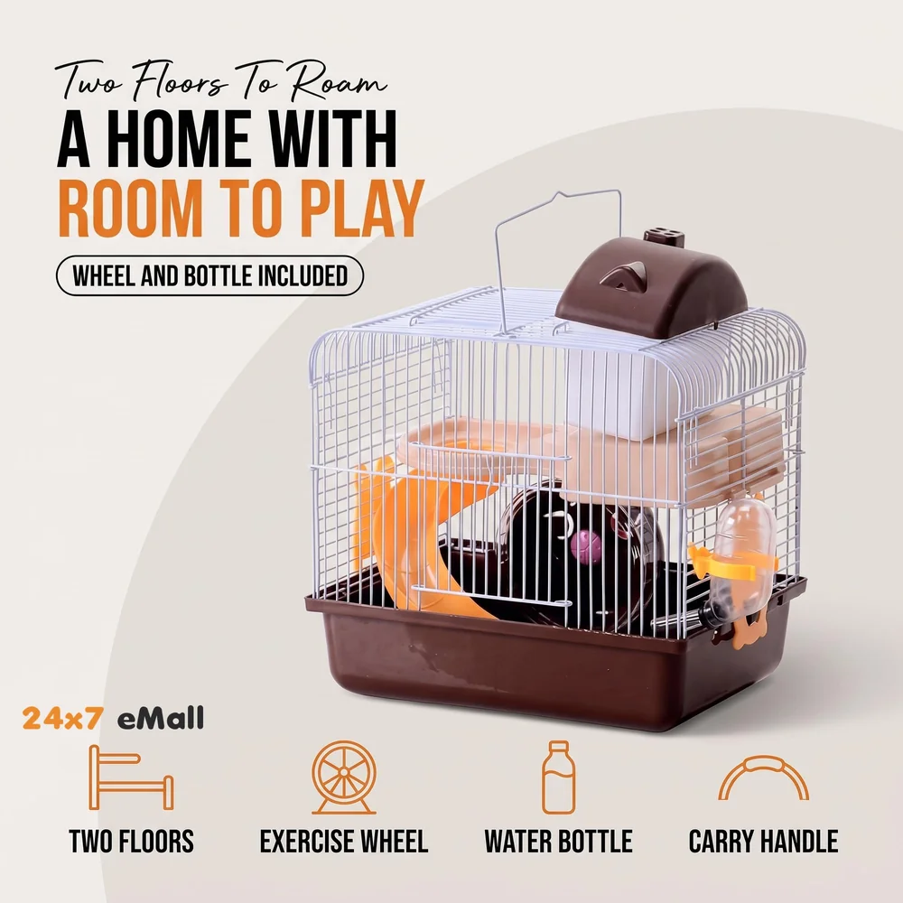 Habitat Hamster Cage Pet House Portable Small Pets 2 Floors, Mice with a Food Cup, Water Bottle and Exercise Wheel (Brown)
