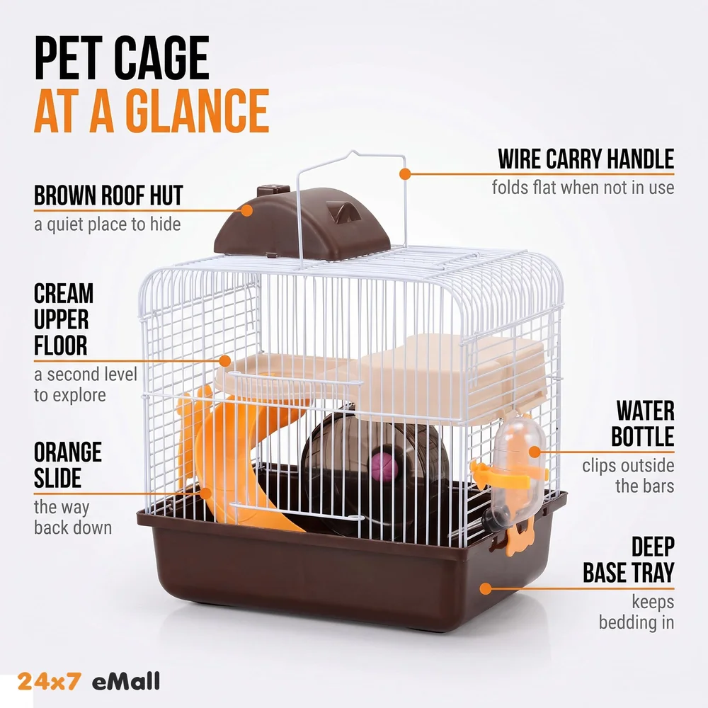 Habitat Hamster Cage Pet House Portable Small Pets 2 Floors, Mice with a Food Cup, Water Bottle and Exercise Wheel (Brown)