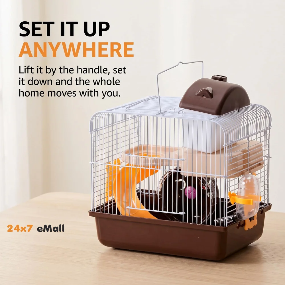 Habitat Hamster Cage Pet House Portable Small Pets 2 Floors, Mice with a Food Cup, Water Bottle and Exercise Wheel (Brown)