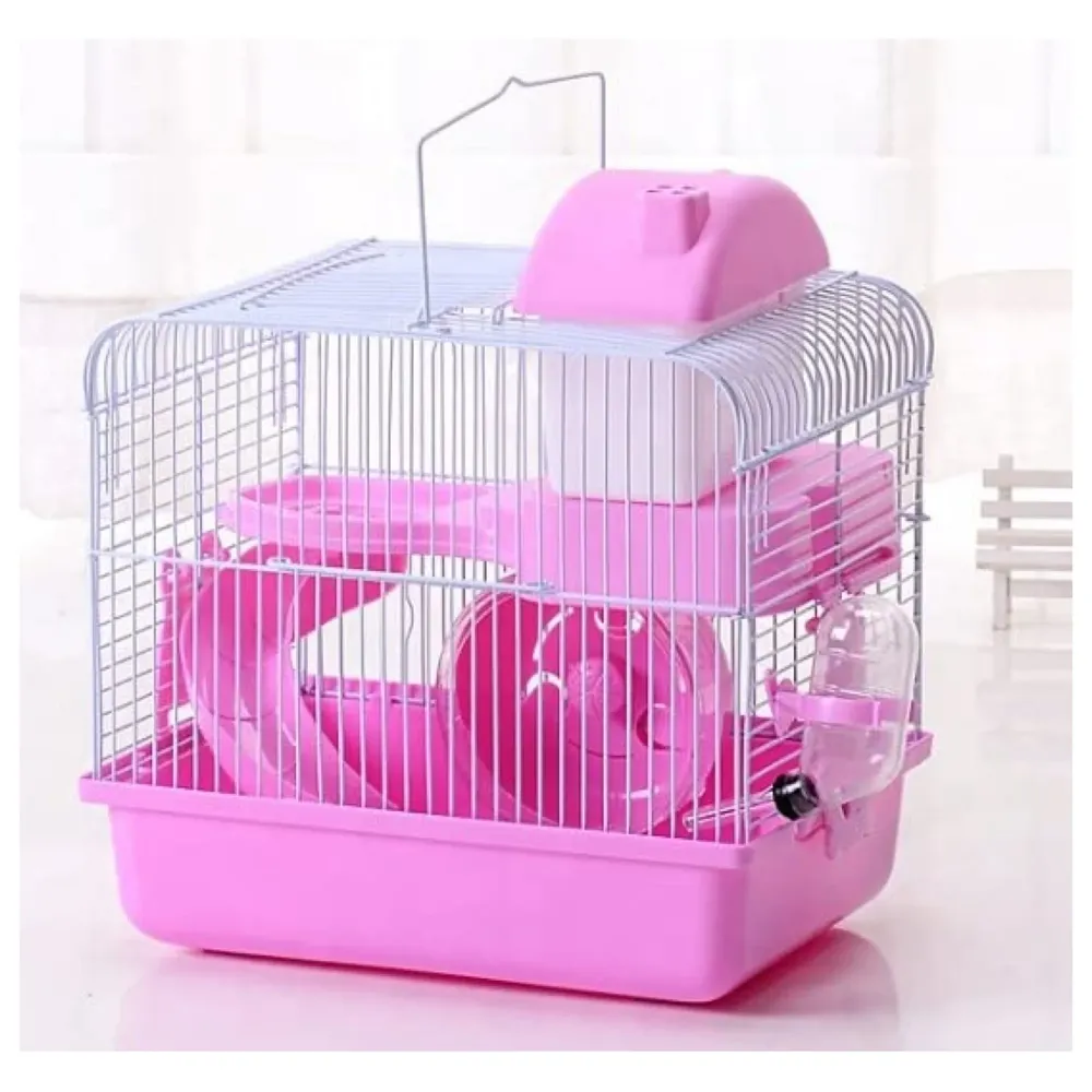 Hamster Cage, Hamster Habitat Pet House Portable Small Pets 2 Floors, Mice with a Food Cup, Water Bottle and Exercise Wheel Pink Colour