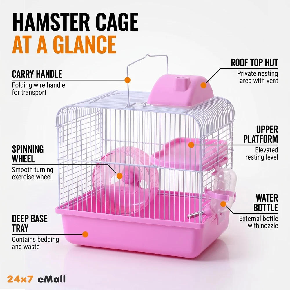 Hamster Cage, Hamster Habitat Pet House Portable Small Pets 2 Floors, Mice with a Food Cup, Water Bottle and Exercise Wheel Pink Colour