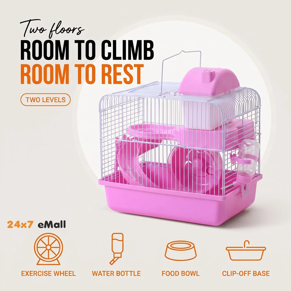 Hamster Cage, Hamster Habitat Pet House Portable Small Pets 2 Floors, Mice with a Food Cup, Water Bottle and Exercise Wheel Pink Colour