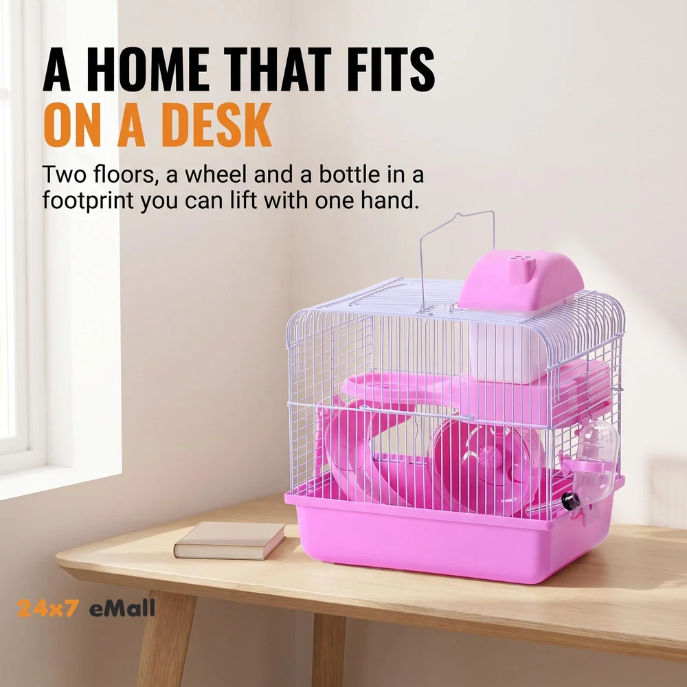 Hamster Cage, Hamster Habitat Pet House Portable Small Pets 2 Floors, Mice with a Food Cup, Water Bottle and Exercise Wheel Pink Colour
