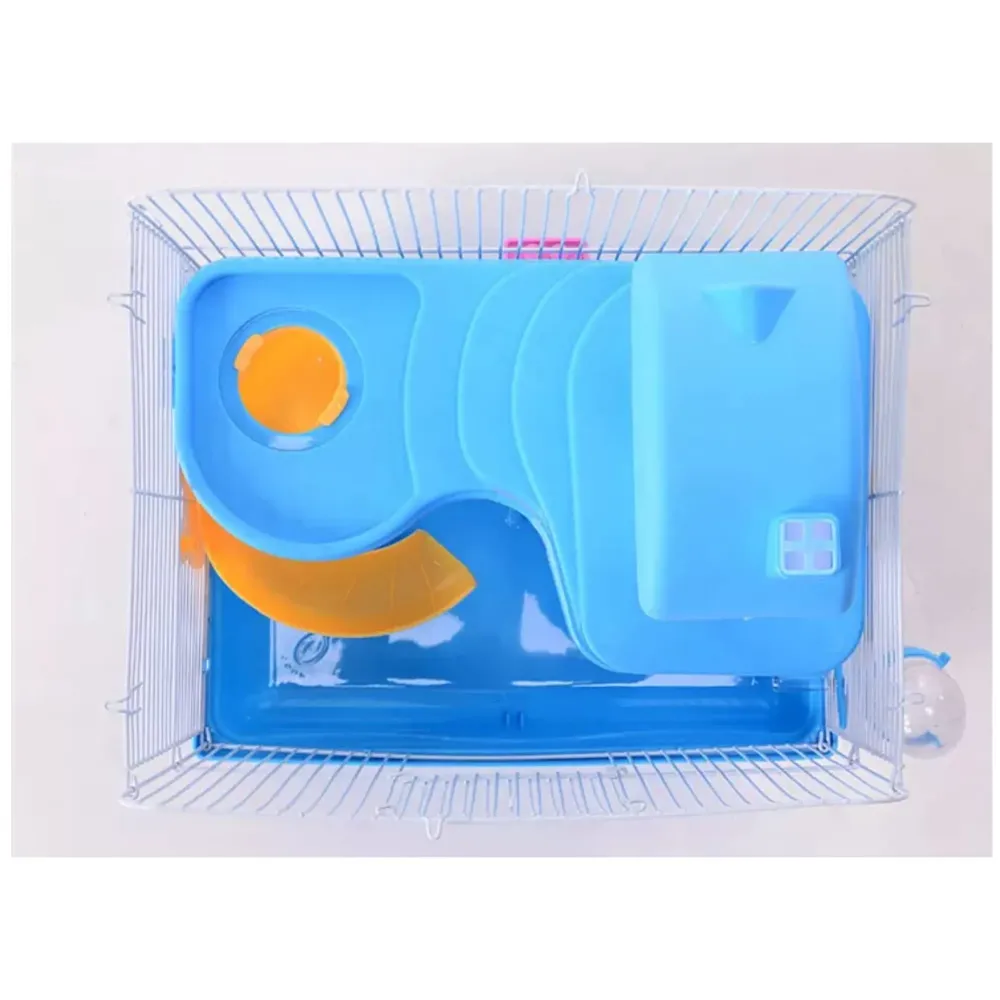 Hamster Habitat, Hamster Cage, Pet House Portable Small Pets 2 Floors, Mice with a Food Cup, Water Bottle and Exercise Wheel (Blue)