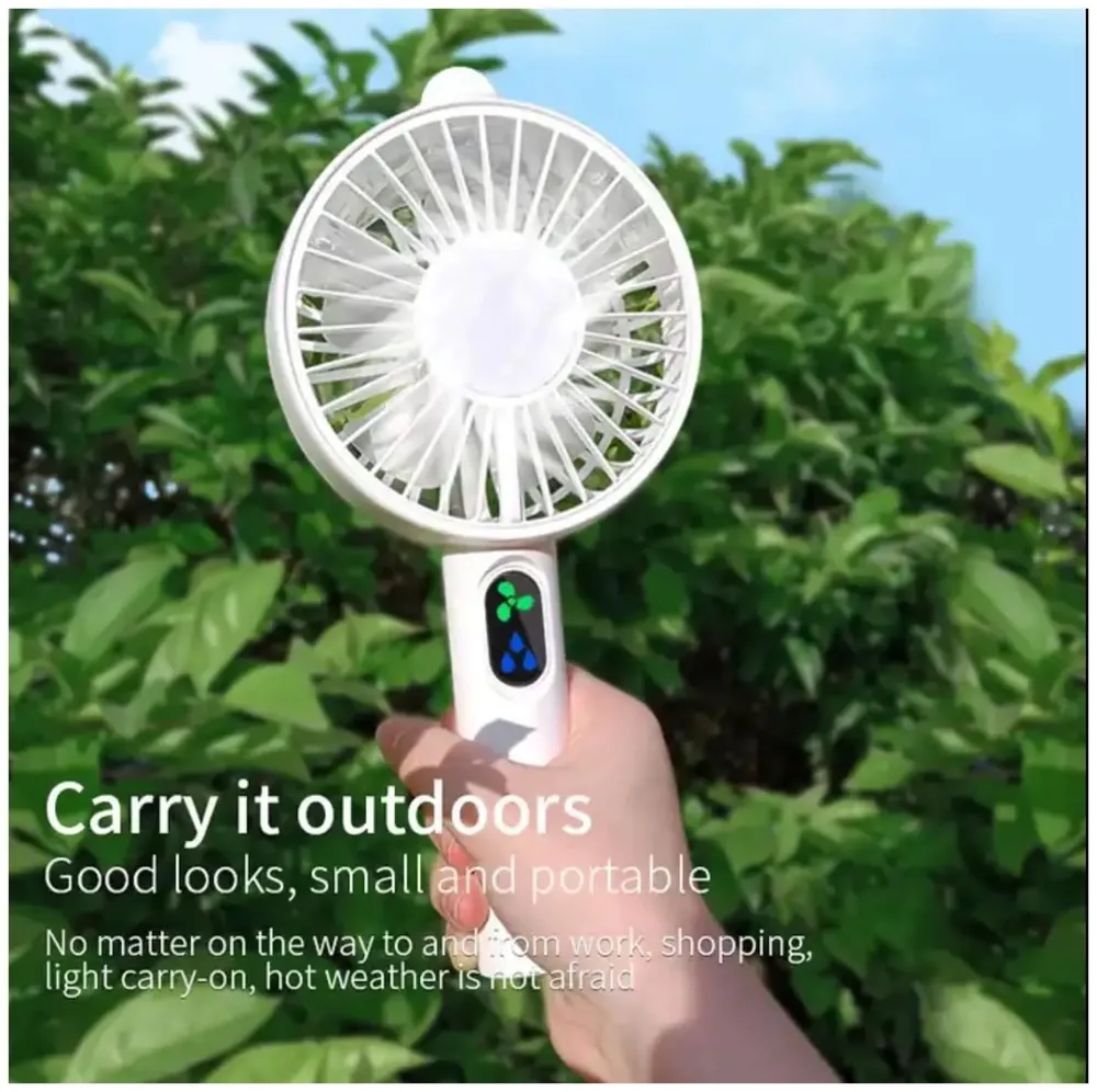 Hand mist fan water fan Handheld Spray Fan With Water Misting Desk Fan with 3 Speeds & 55 ML Portable Water Tank With LED Light And Stand Mobile Holder – 21 Cm x 10 Cm