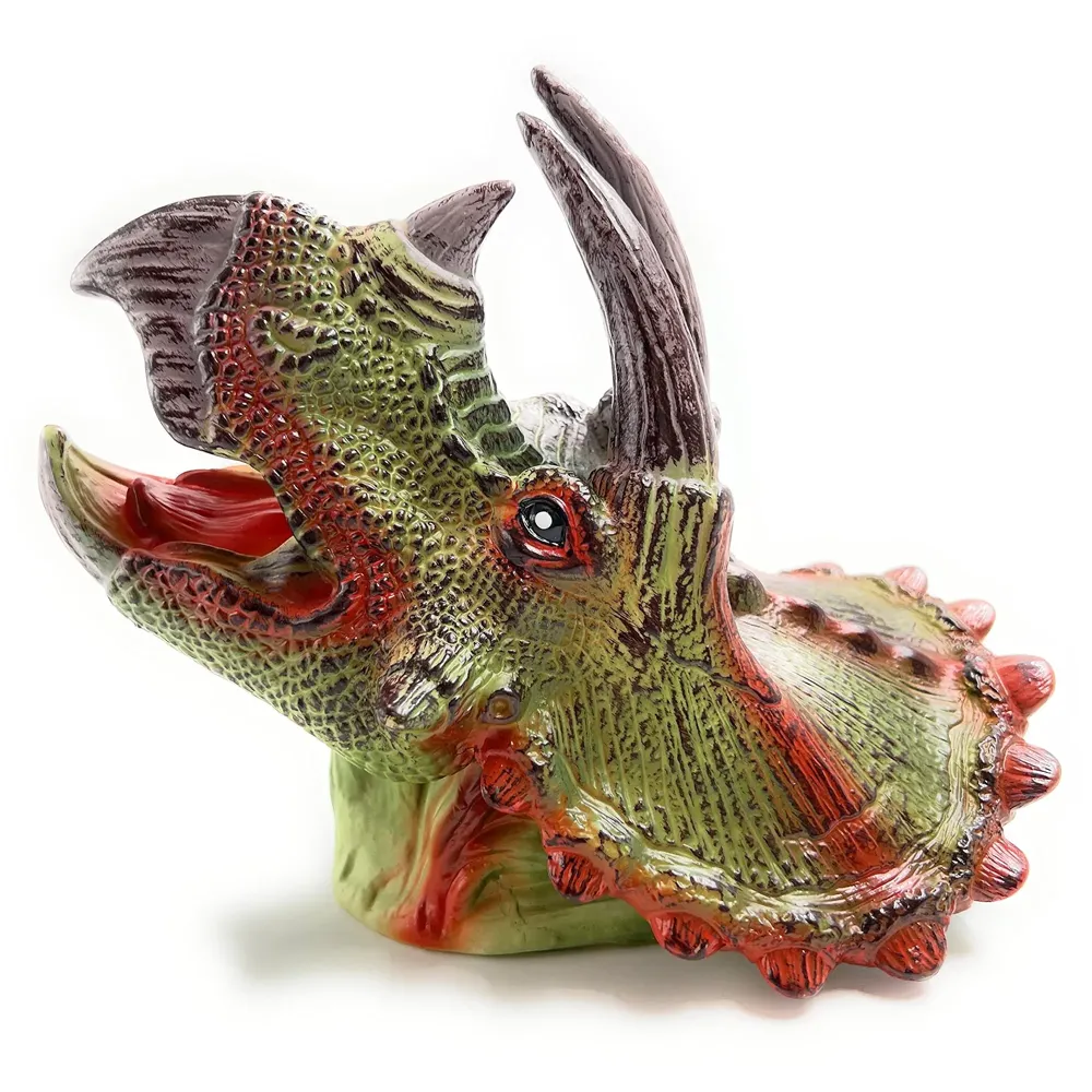 Triceratops Dinosaur Hand Puppet Brown Toys, Soft Rubber Realistic Raptor Dinosaur Head