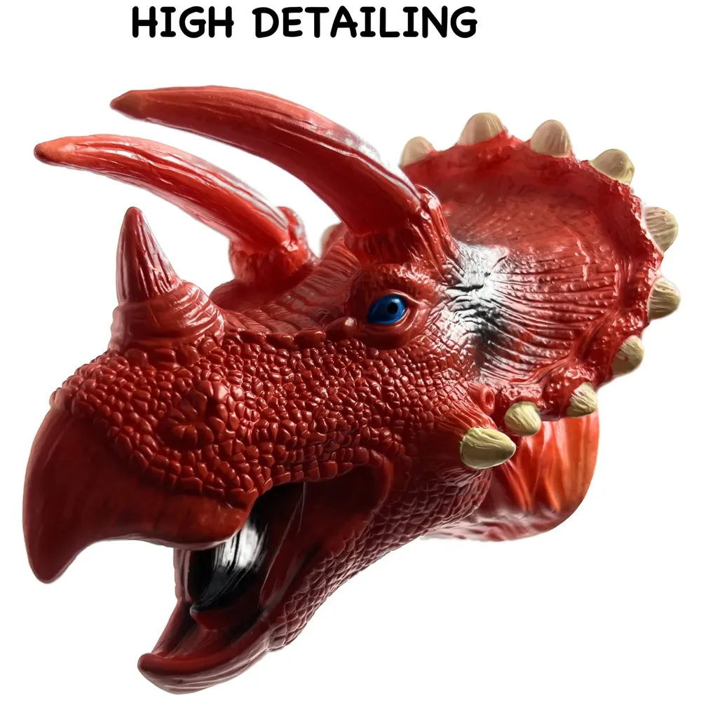 Red Dinosaur Hand Puppet Brown Triceratops Toys, Soft Rubber Realistic Raptor Dinosaur Head