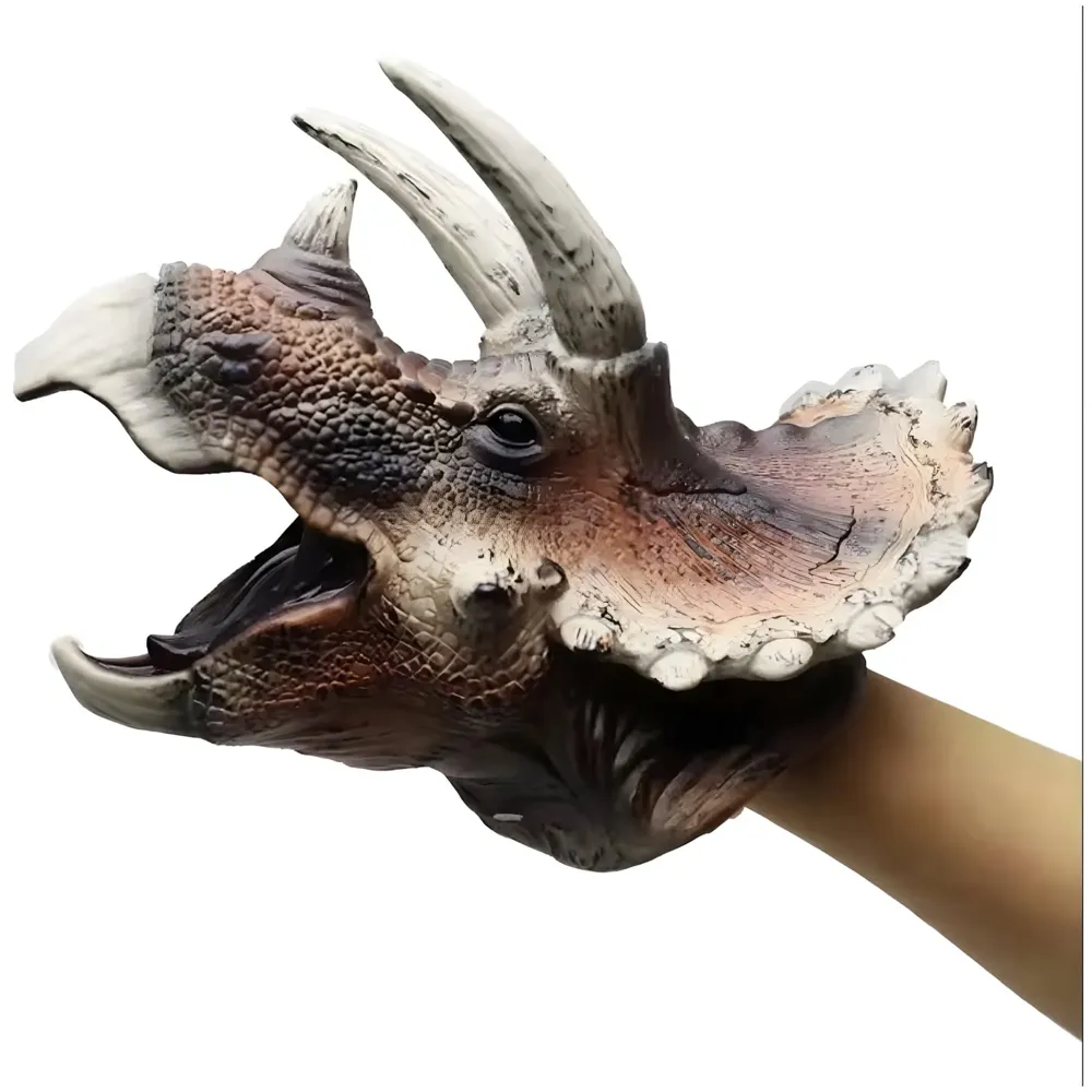 Dinosaur Hand Puppet Triceratops Kids Toy Puppet Brown Toys, Soft Rubber Realistic Raptor Dinosaur Head Story Telling Bedtime Pretend Play Action Figure
