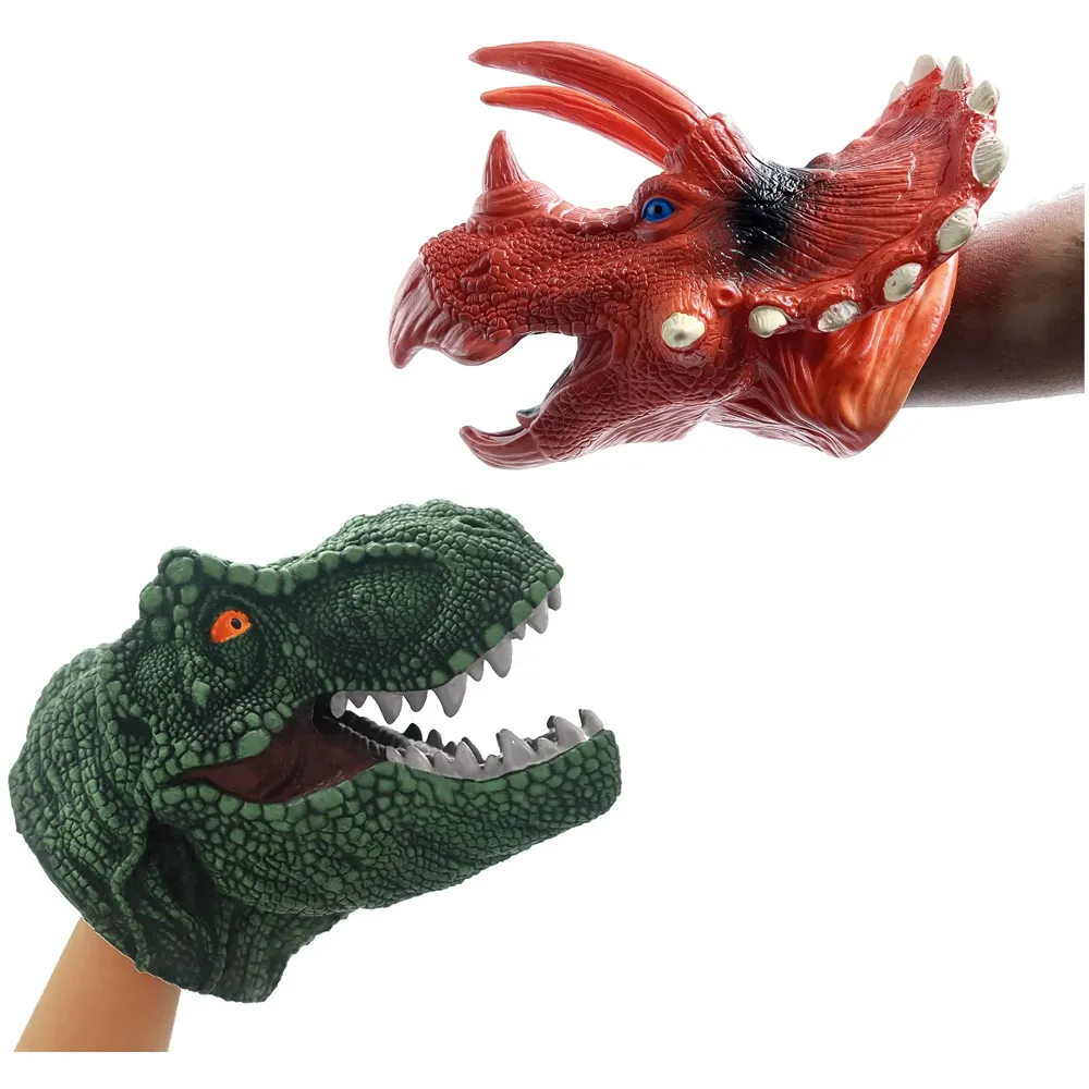 2 Pc Combo Hand Puppet Dinosaurs Hand Puppet Red Triceratops and Green T-Rex Toys, Soft Rubber Realistic Raptor Dinosaur Head