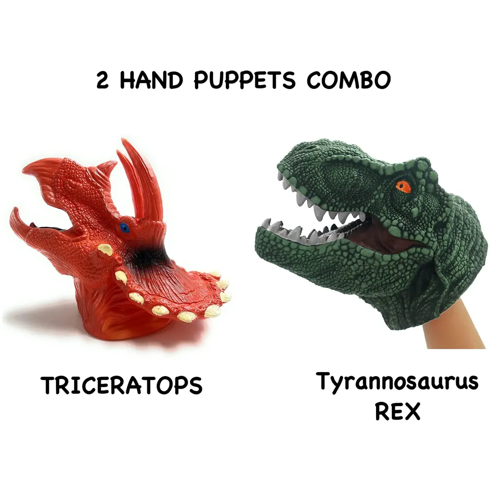 2 Pc Combo Hand Puppet Dinosaurs Hand Puppet Red Triceratops and Green T-Rex Toys, Soft Rubber Realistic Raptor Dinosaur Head