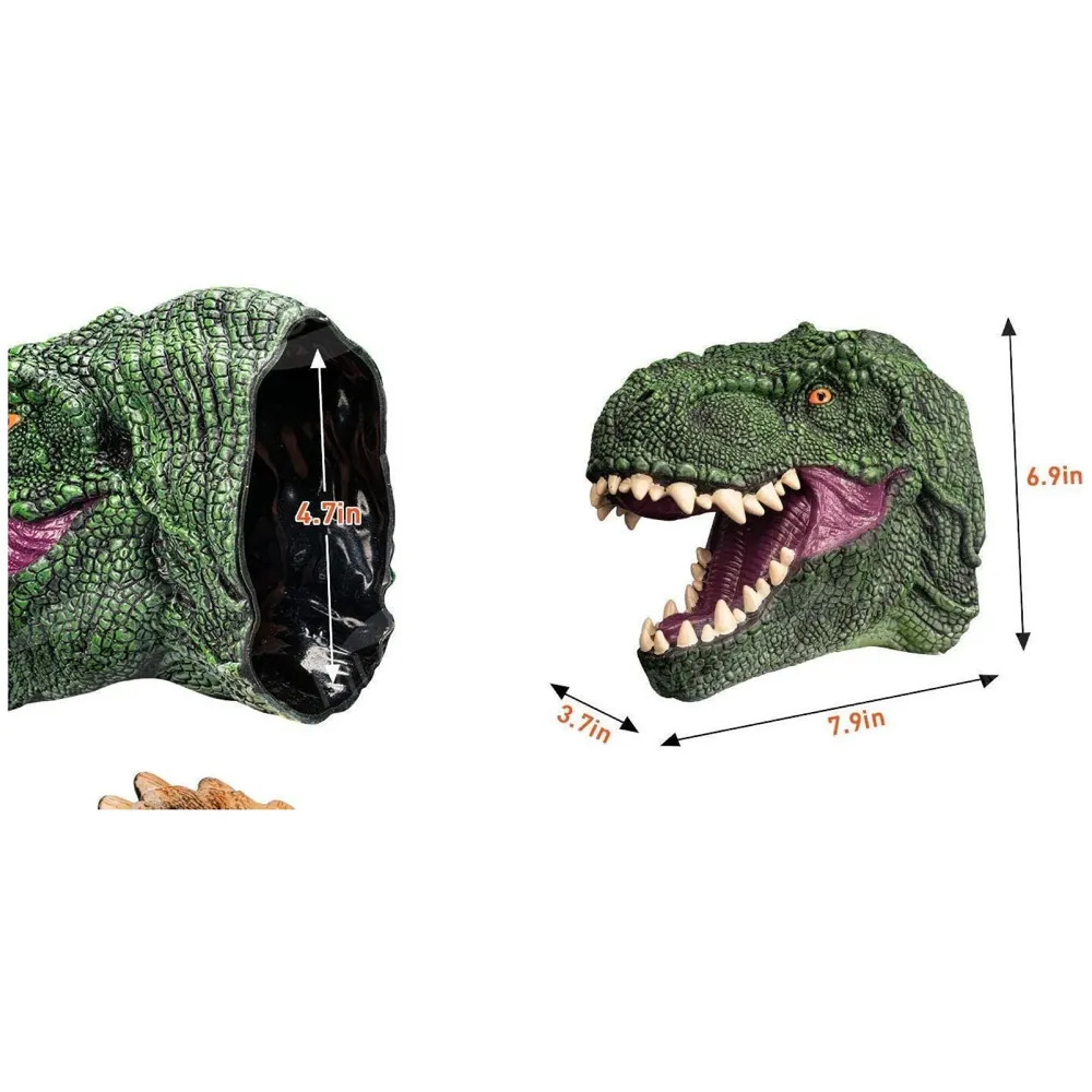 2 Pc Combo Hand Puppet Dinosaurs Hand Puppet Raptor and Green T-Rex Toys, Soft Rubber Realistic Raptor Dinosaur Head