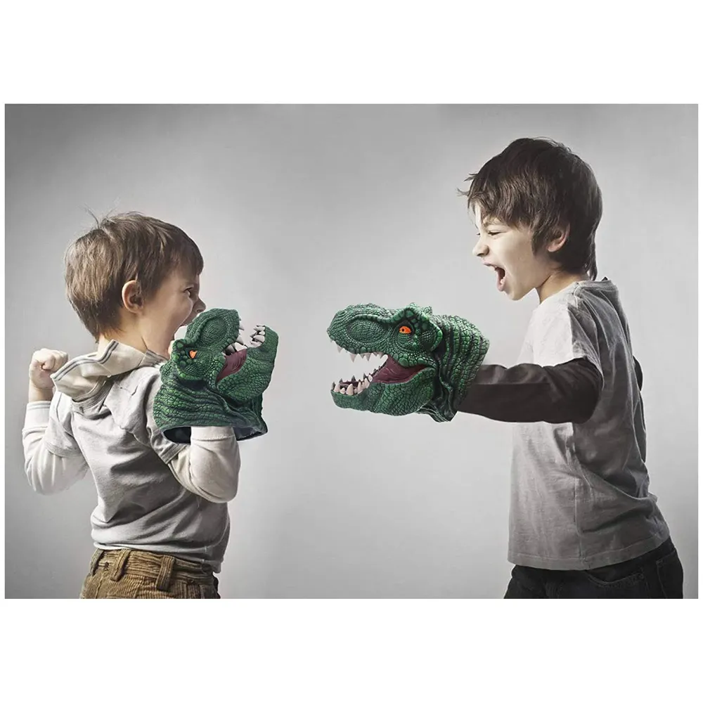 2 Pc Combo Hand Puppet Dinosaurs Hand Puppet Raptor and Green T-Rex Toys, Soft Rubber Realistic Raptor Dinosaur Head