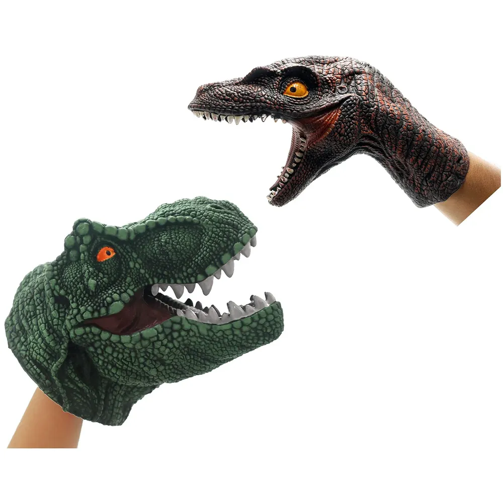 2 Pc Combo Hand Puppet Dinosaurs Hand Puppet Raptor and Green T-Rex Toys, Soft Rubber Realistic Raptor Dinosaur Head