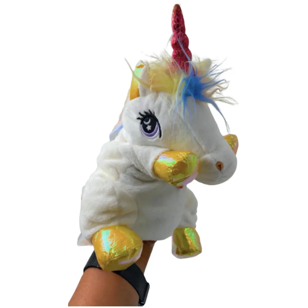Hand Puppets Jungle Animal Friends with Working Mouth for Imaginative Play, Storytelling, Teaching, Preschool & Role-Play. (Unicorn White)
