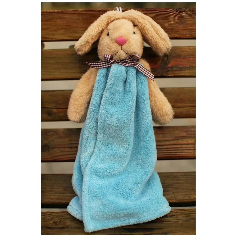 Cute Rabbit, Soft Coral, Velvet Fabric, Cartoon Absorbent, Quick Dry, Lovely Kids Hand Towel (Bunny Blue, 38 x 28 cm)