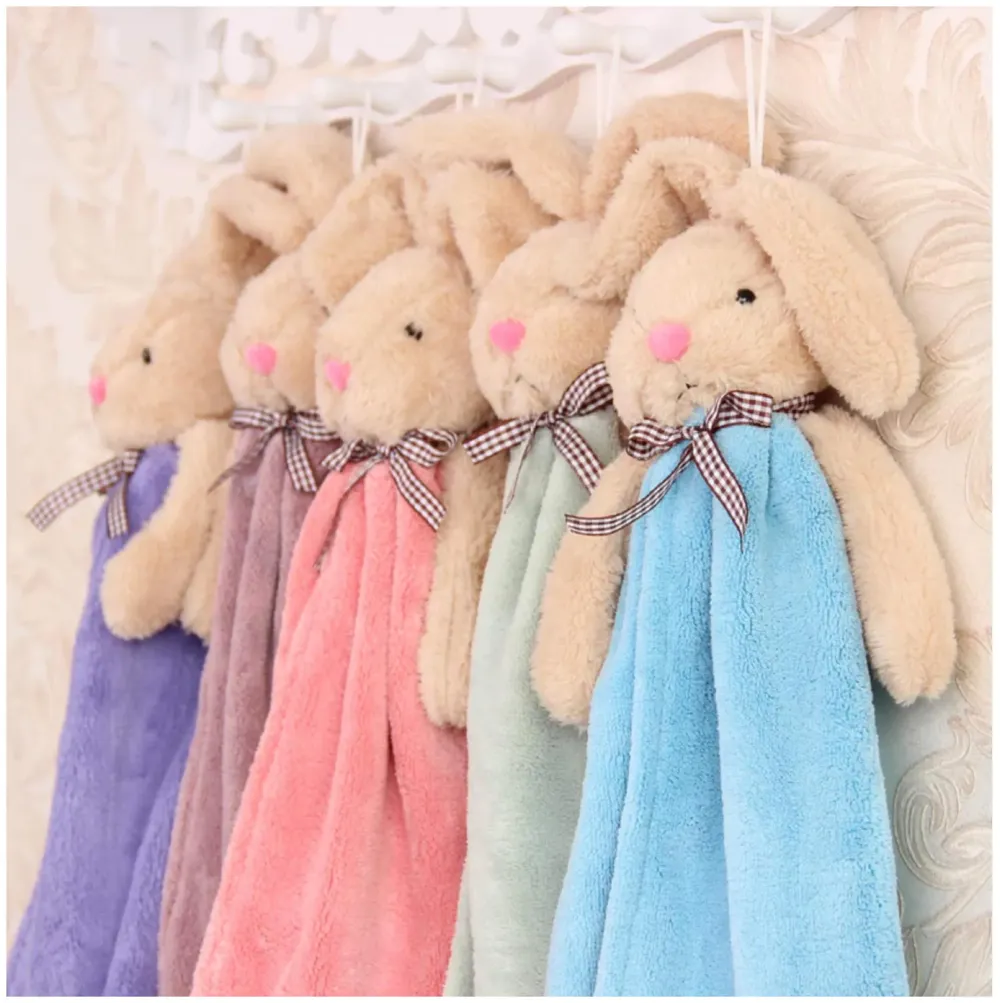 Cute Rabbit, Soft Coral, Velvet Fabric, Cartoon Absorbent, Quick Dry, Lovely Kids Hand Towel (Bunny Blue, 38 x 28 cm)