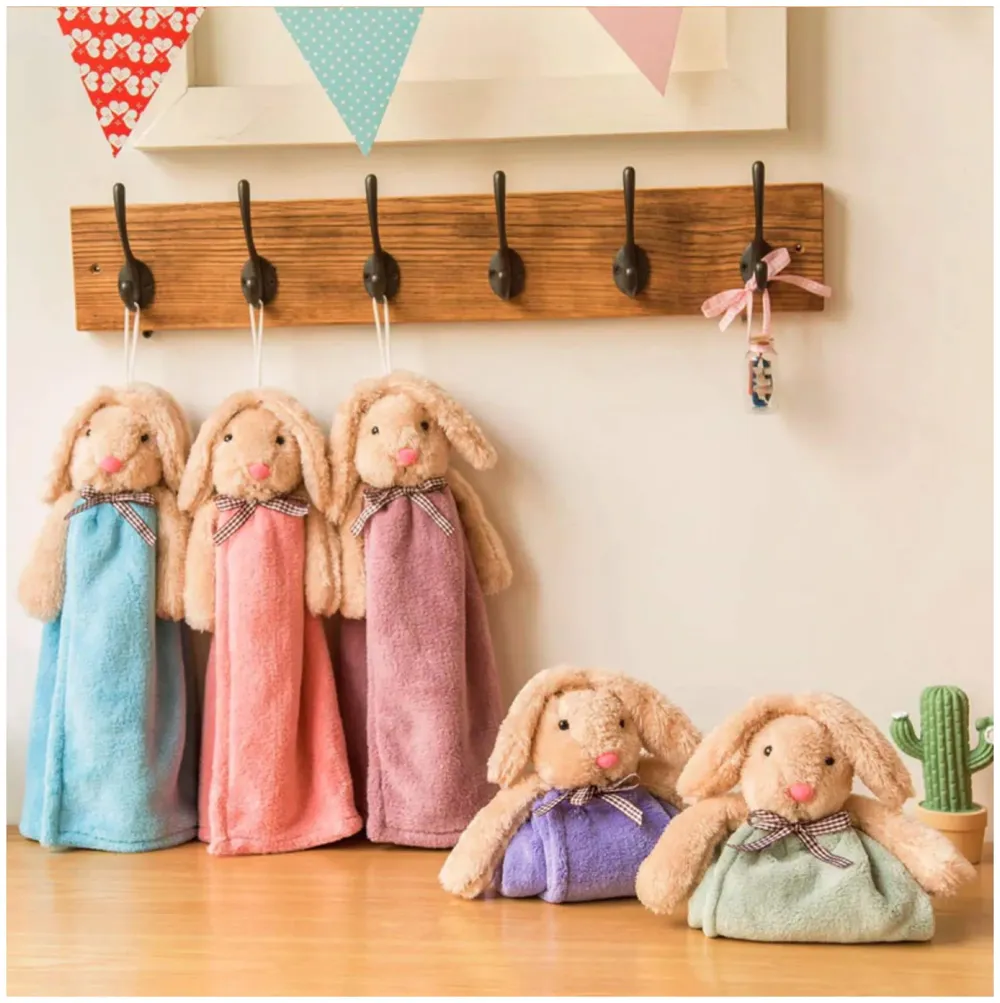 Soft Coral Velvet Cute Rabbit Hand Towel for Kids with Quick Dry for Kitchen Bathroom 38 x 28 cm (15 x 11 Inches) - Bunny Grey