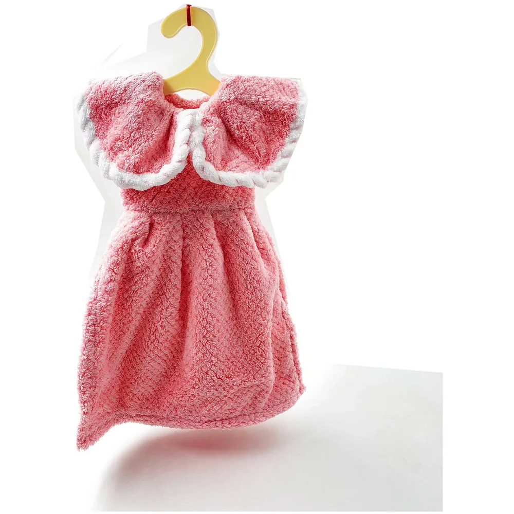 Cute Dress Hand Towel Soft Coral Velvet Kids Children Cartoon Absorbent Quick Dry Towel Lovely Towel for Kitchen Bathroom 38 x 28 cm (15 x 11 Inches) (Pink)