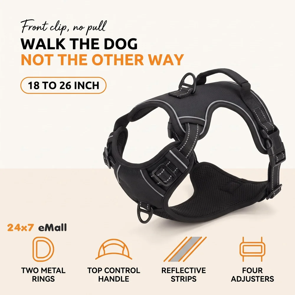 Vest Dog Harness Mesh Breathable Adjustable Reflective Oxford Easy Control Comfortable Harness. (Black, Large (18-26 Inch Girth))