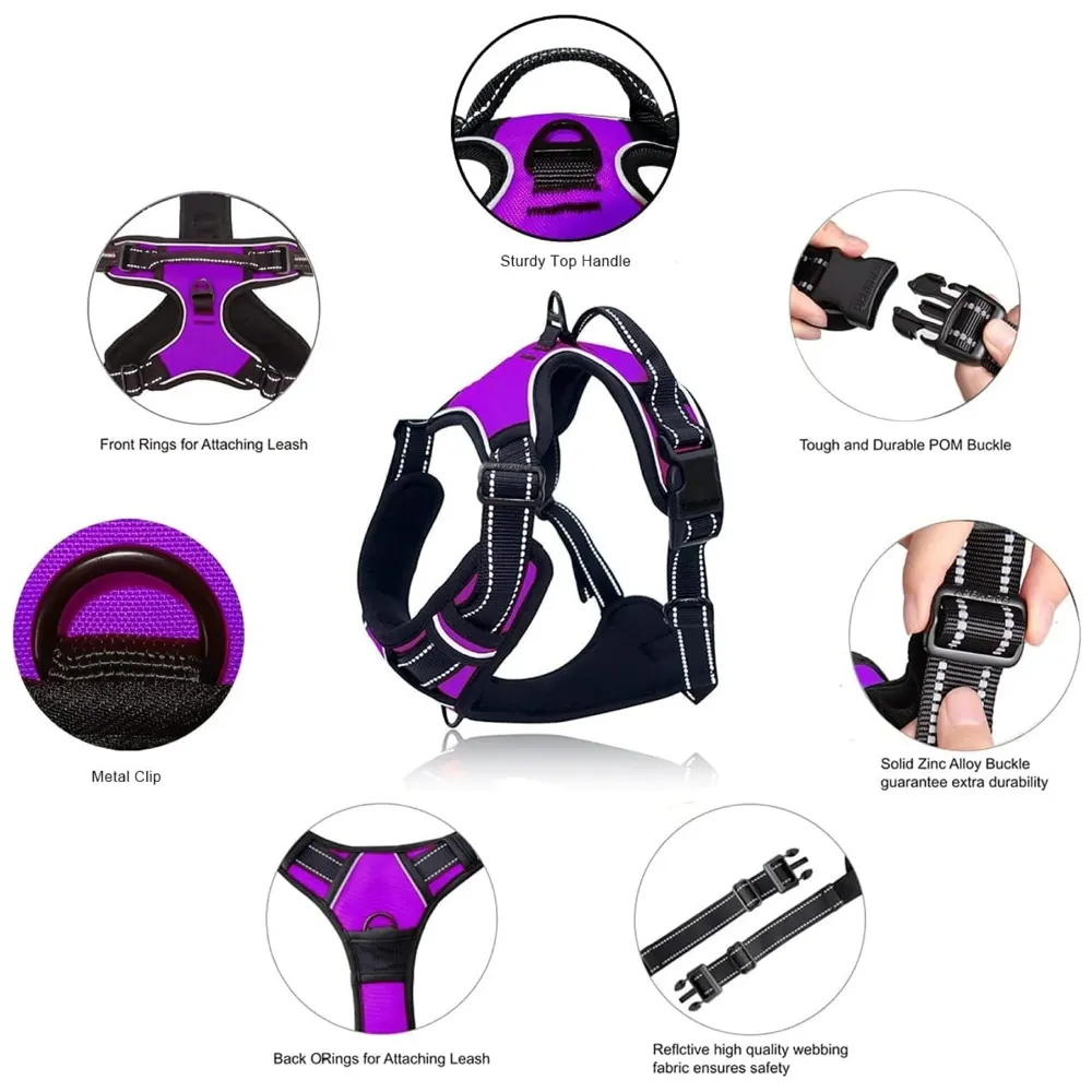 Harness and Leash Purple No Pull Dog Harness Mesh Breathable Adjustable Reflective Oxford Easy Control Comfortable Harness. Large 18-26 Inch Girth