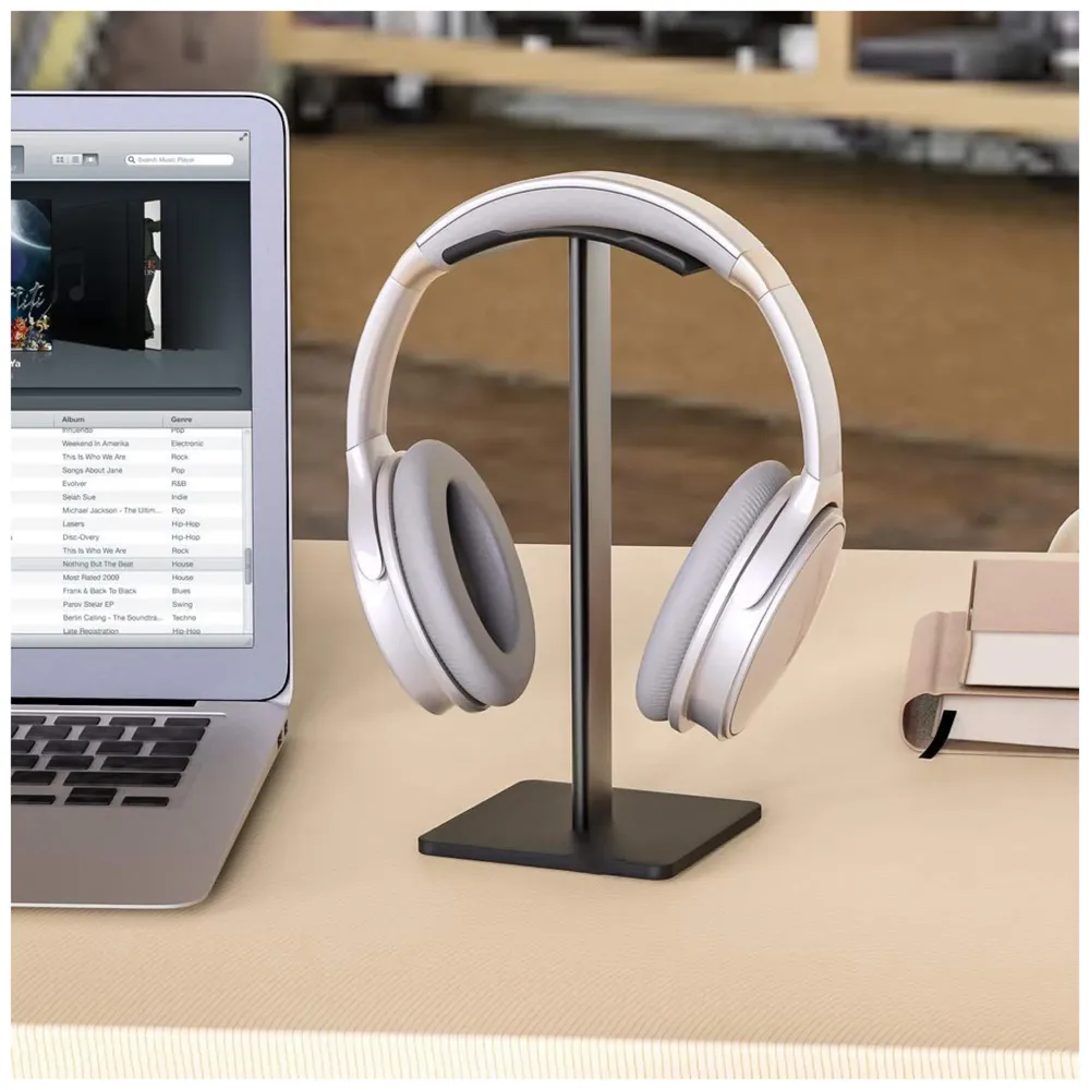 Headphone Stand Headset Holder Earphone Stand with Aluminum Supporting Bar Flexible Headrest ABS Solid Base for All Headphones Size (Headphone Not Included) (Square Black)