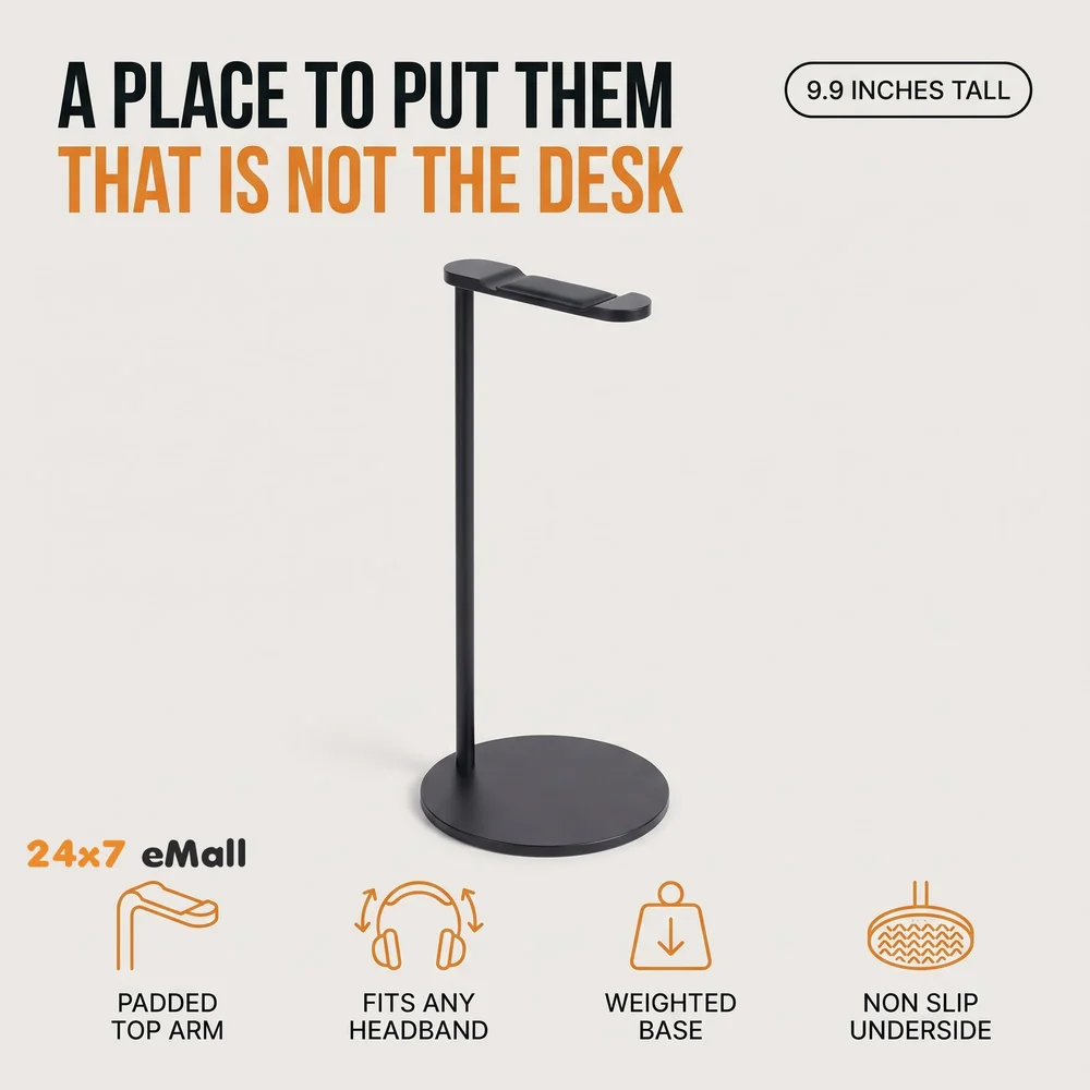 Headphone Stand Headset Holder Earphone Stand with Aluminum Supporting Bar Flexible Headrest ABS Solid Base for All Headphones Size (Round)