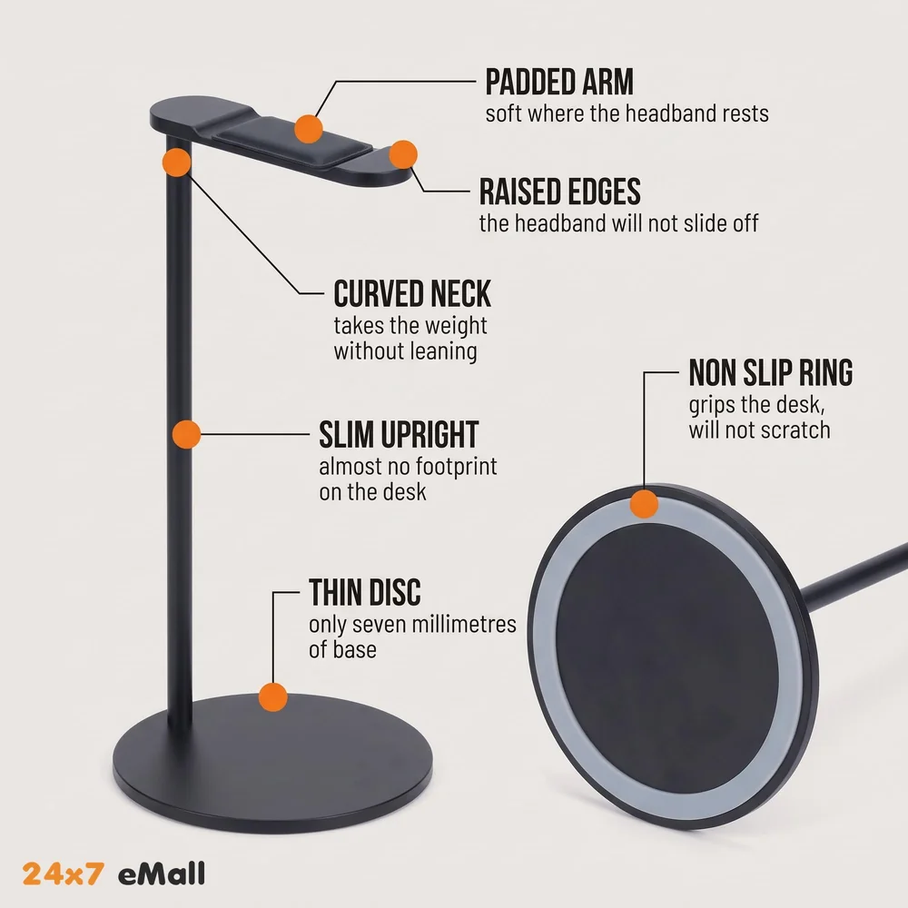 Headphone Stand Headset Holder Earphone Stand with Aluminum Supporting Bar Flexible Headrest ABS Solid Base for All Headphones Size (Round)