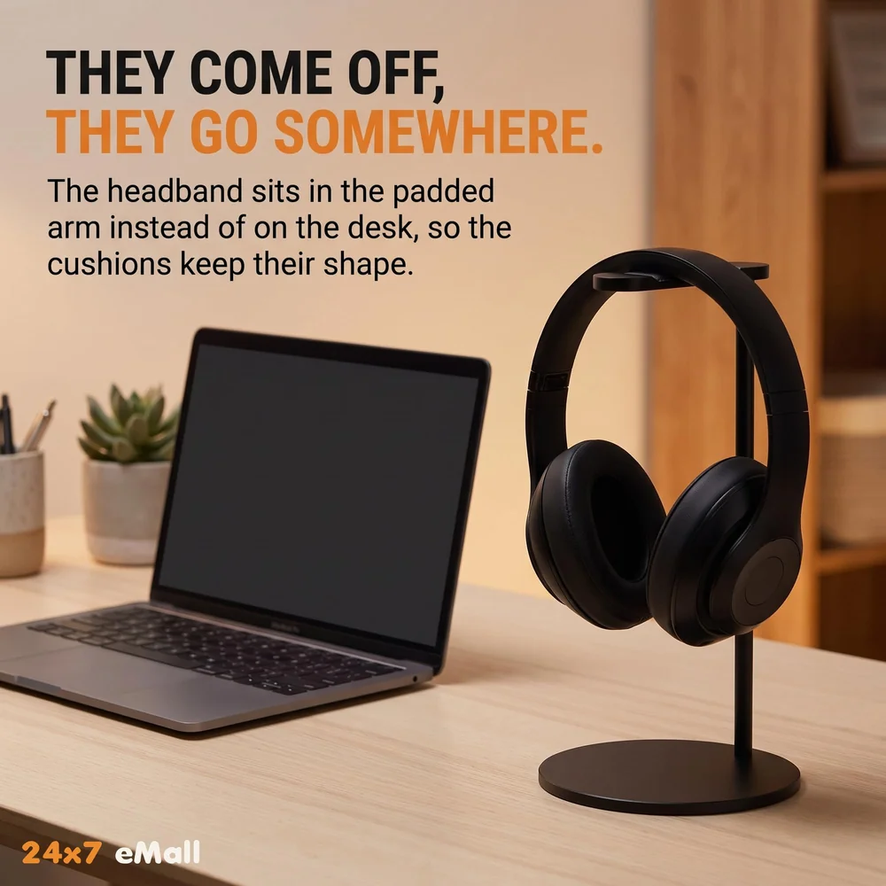Headphone Stand Headset Holder Earphone Stand with Aluminum Supporting Bar Flexible Headrest ABS Solid Base for All Headphones Size (Round)