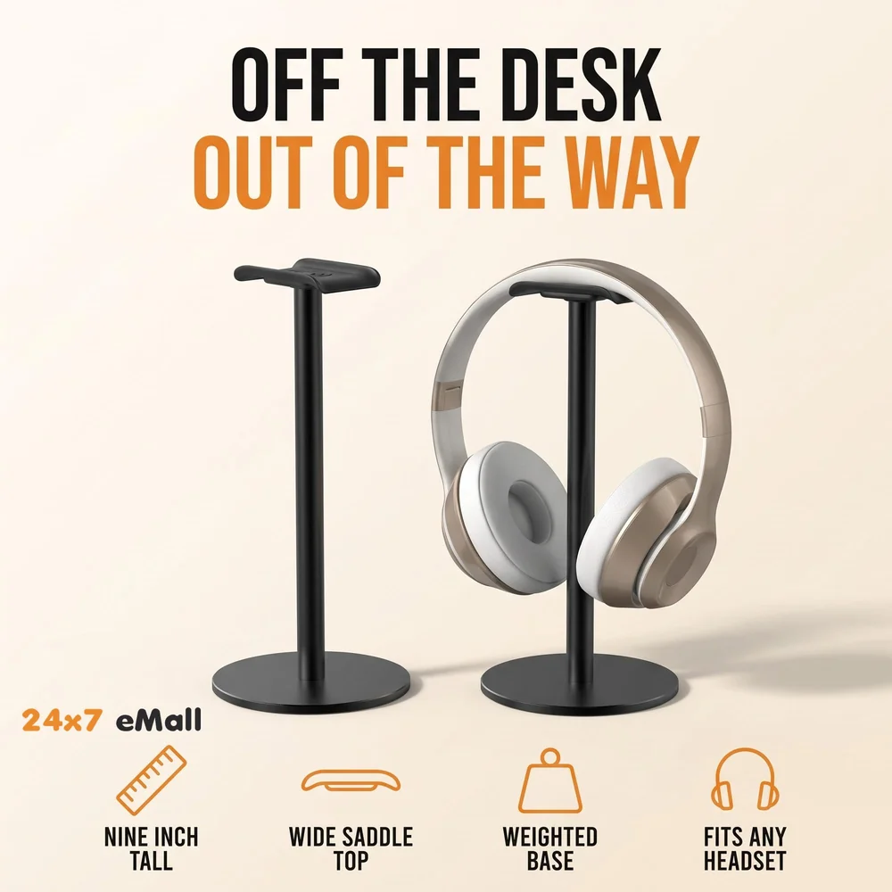 Headphone Stand Headset Holder Earphone Stand with Aluminum Supporting Bar Flexible Headrest ABS Solid Base for All Headphones Size (Round black)