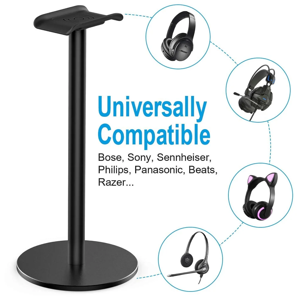 Headphone Stand Headset Holder Earphone Stand with Aluminum Supporting Bar Flexible Headrest ABS Solid Base for All Headphones Size (Round black)