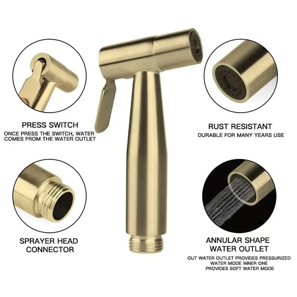 Brass Gold Health Faucet, Heavy Commode Shower, Bidget Golden Faucet with Metal 1.4 Meter Hose Bathroom Complete Set Jet Spray