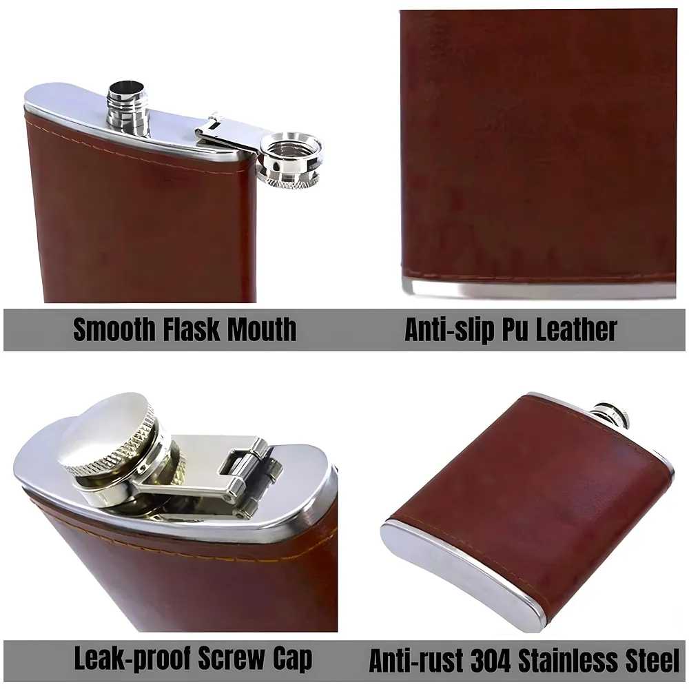 Stainless Steel Hip Flask Faux Leather 237 ml Leak Proof Brown