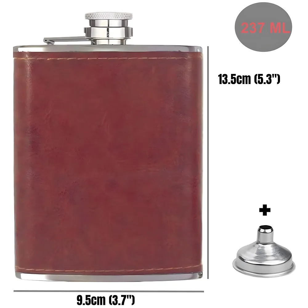 Stainless Steel Hip Flask Faux Leather 237 ml Leak Proof Brown