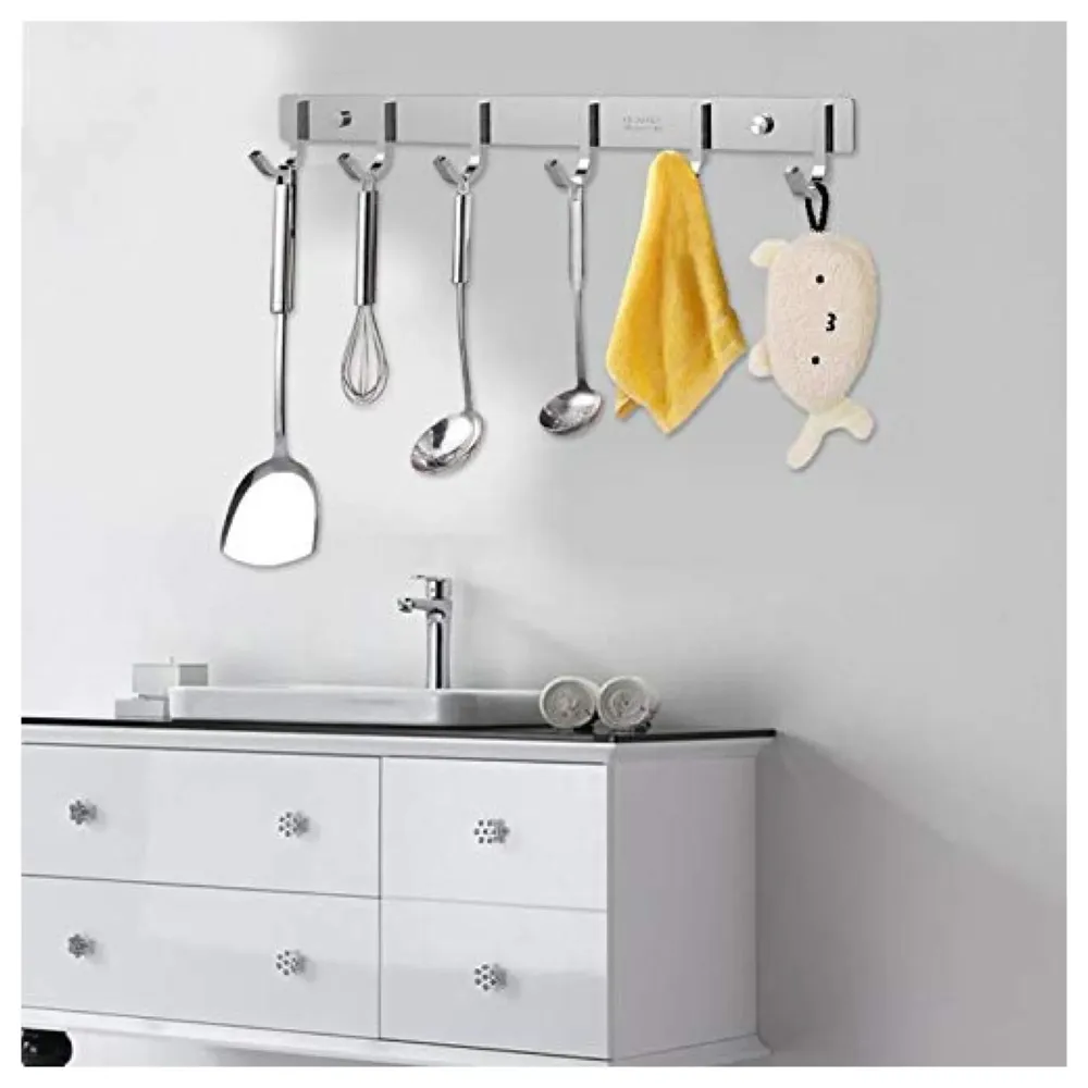 Hook Rack Wall Mounted, Heavy Duty Hook Rail with 6 Round Hooks, 6 - Pronged Hook Rail (Steel Pack of 1)
