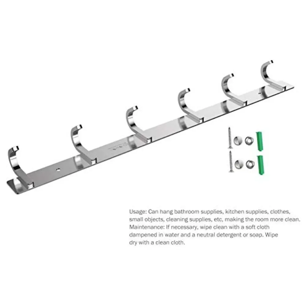 Hook Rack Wall Mounted, Heavy Duty Hook Rail with 6 Round Hooks, 6 - Pronged Hook Rail (Steel Pack of 1)