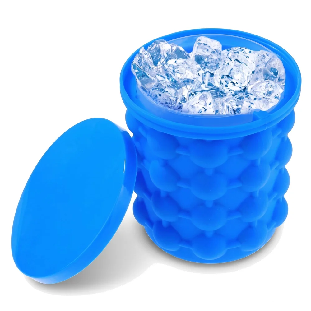 Large 2 in 1 Silicone Ice Bucket and Mould with Lid Maker (5.5 x 5 Inch, Blue)