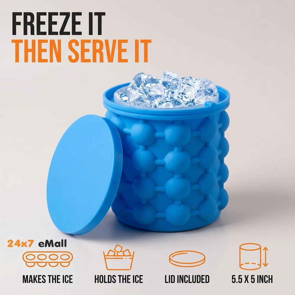 Large 2 in 1 Silicone Ice Bucket and Mould with Lid Maker (5.5 x 5 Inch, Blue)