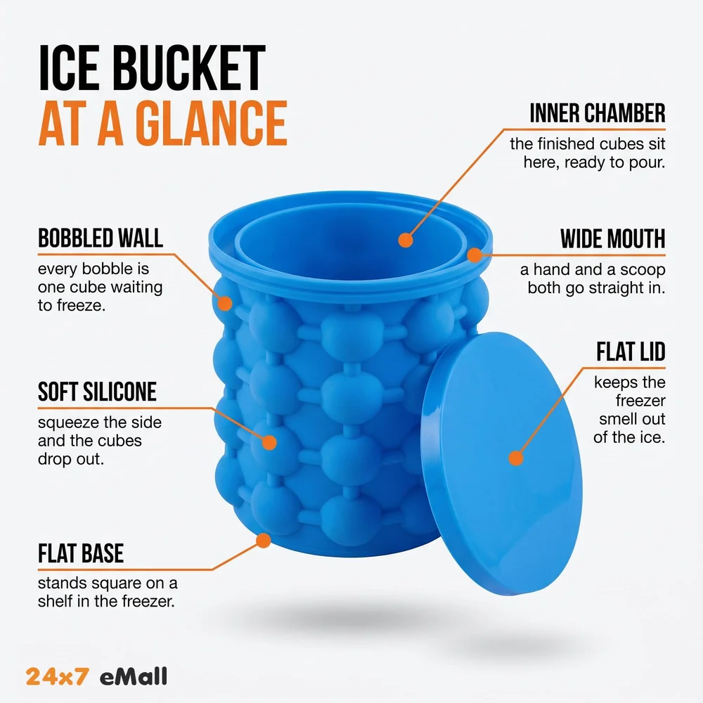 Large 2 in 1 Silicone Ice Bucket and Mould with Lid Maker (5.5 x 5 Inch, Blue)