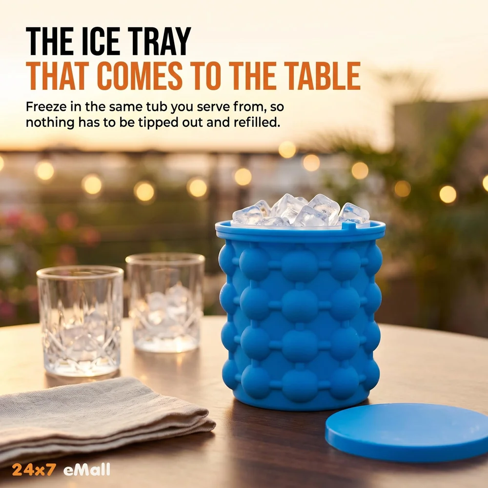 Large 2 in 1 Silicone Ice Bucket and Mould with Lid Maker (5.5 x 5 Inch, Blue)