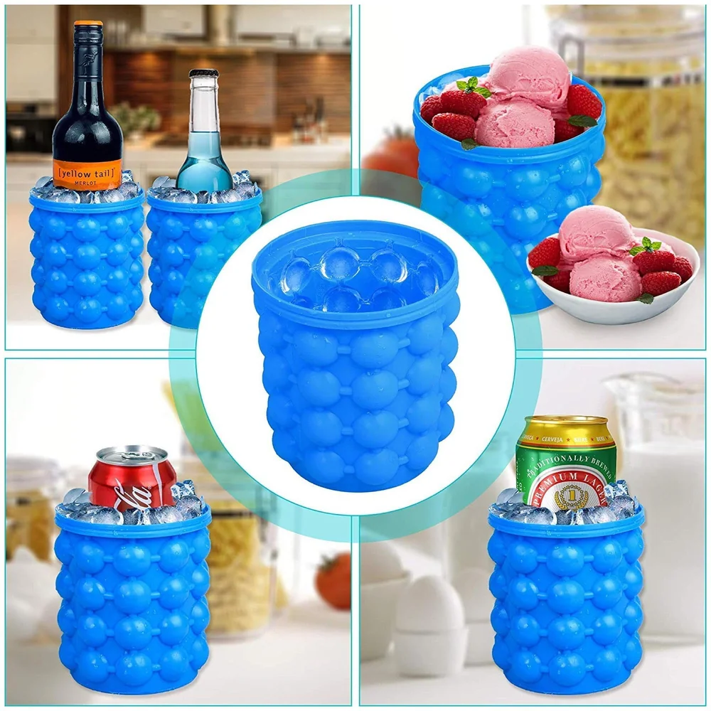 Large 2 in 1 Silicone Ice Bucket and Mould with Lid Maker (5.5 x 5 Inch, Blue)