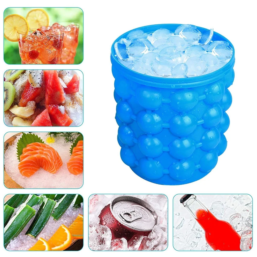 Large 2 in 1 Silicone Ice Bucket and Mould with Lid Maker (5.5 x 5 Inch, Blue)